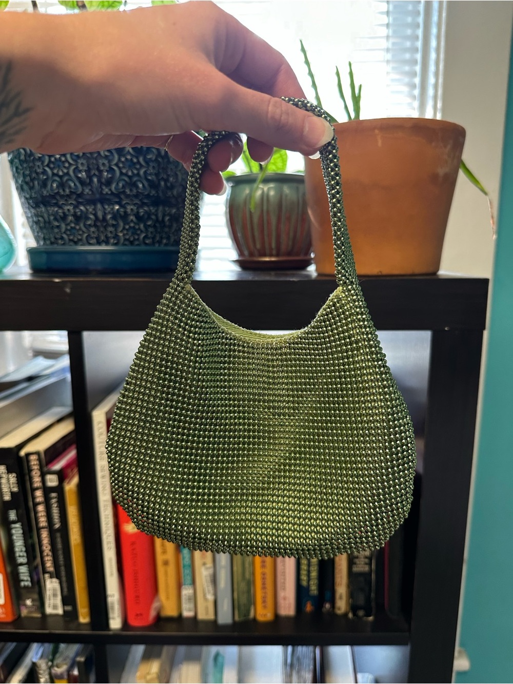 vintage rare Whiting & Davis green fairy grunge bead hobo mini purse